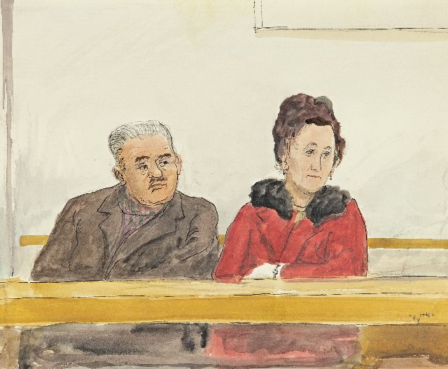 Harm Kamerlingh Onnes | Twee mensen bij een kerkconcert in Voorschoten, pen en inkt, krijt en aquarel op papier, 23,3 x 28,1 cm, gesigneerd r.o. met monogram en gedateerd '69