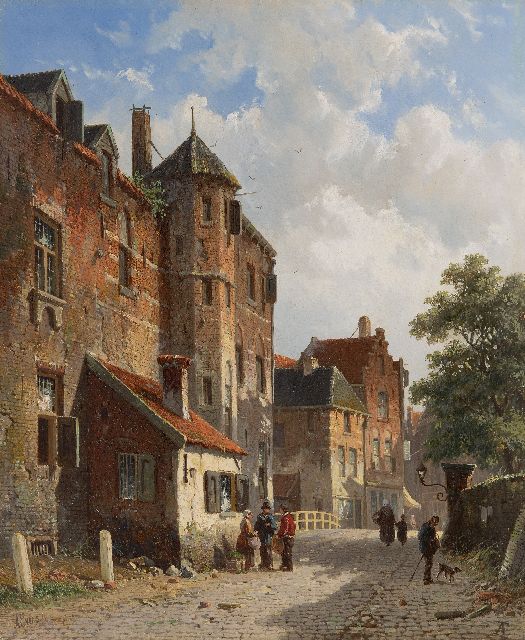 Adrianus Eversen | Zonovergoten Hollands straatje, olieverf op paneel, 41,8 x 34,4 cm, gesigneerd l.o. voluit en r.o. met monogram