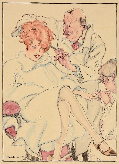 Karl Wolfgang Boehmer | Bij de kapper, aquarel op papier, 25,0 x 18,0 cm, gesigneerd l.o. en zonder lijst
