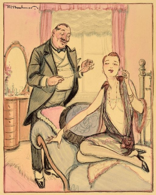 Karl Wolfgang Boehmer | Een cadeau voor de dame, potlood en aquarel op papier, 24,0 x 19,0 cm, gesigneerd l.b. en zonder lijst