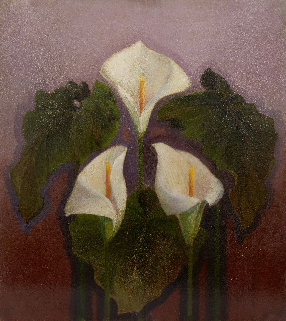 Dirk Verstraten | Drie witte aronskelken, olieverf op papier op board, 48,3 x 42,3 cm, gesigneerd r.o.