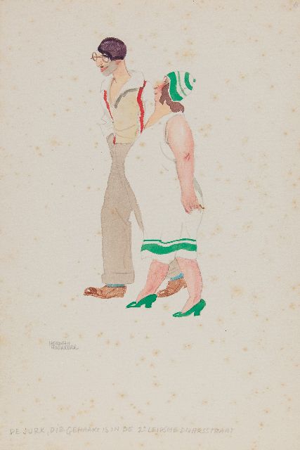 Herman Moerkerk | Amsterdammers flanerend in Zandvoort: de jurk, die gehaakt is in de 2e Leidsche Dwarsstraat, potlood en aquarel op papier, 25,5 x 17,0 cm, gesigneerd l.o.
