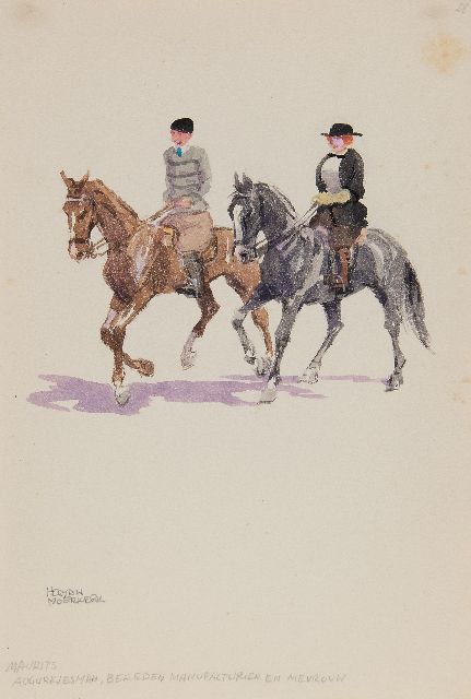 Herman Moerkerk | Zandvoort: Maurits augurkjesman, bereden manufacturier en mevrouw, potlood en aquarel op papier, 25,5 x 17,1 cm, gesigneerd l.o.