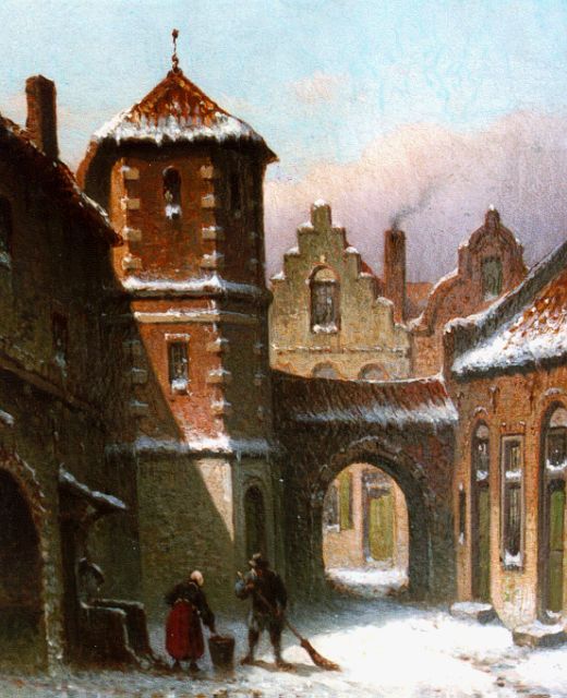 Eduard Alexander Hilverdink | Winters stadsgezicht met figuren, olieverf op paneel, 17,3 x 13,5 cm, gesigneerd l.o. en gedateerd '74