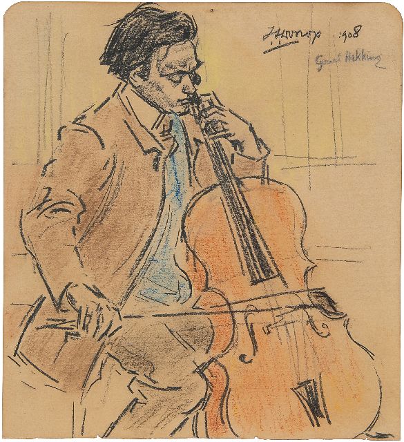 Toorop J.Th.  | Gerard Hekking, cello spelend, zwart en gekleurd krijt op papier 21,6 x 19,7 cm, gesigneerd r.b. en gedateerd 1908