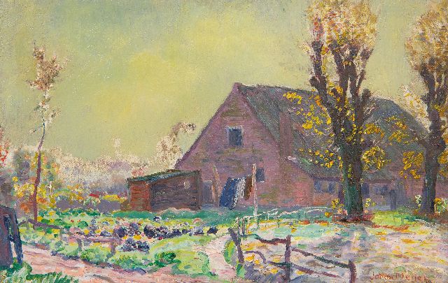 Johan Meijer | Achter boerderij 't Klooster in Laren, olieverf op doek, 22,4 x 35,5 cm, gesigneerd r.o.