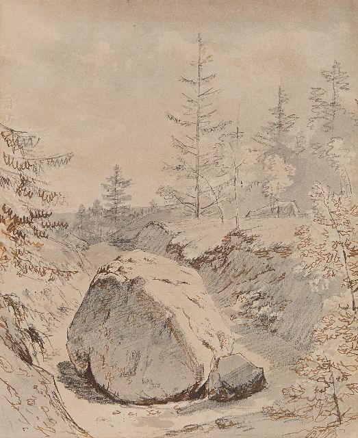 Barend Cornelis Koekkoek | Landschap met kei, gewassen inkt, bruine inkt en krijt op papier , 26,1 x 21,3 cm, gesigneerd r.o. met initialen