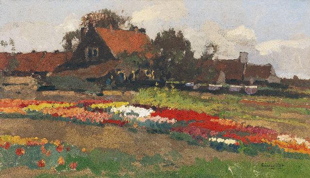 Leendert van der Vlist | Boerderij tussen tulpenvelden, olieverf op doek, 36,1 x 60,9 cm, gesigneerd r.o.