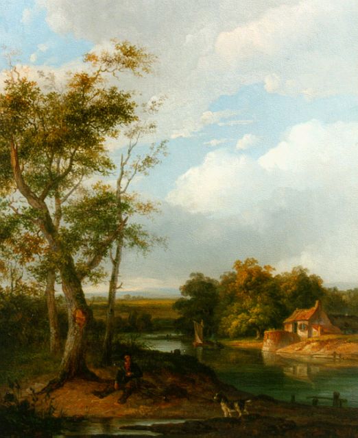 Pieter Daniël van der Burgh | Rustende jager langs rivieroever, olieverf op paneel, 27,5 x 21,9 cm, gesigneerd r.o.