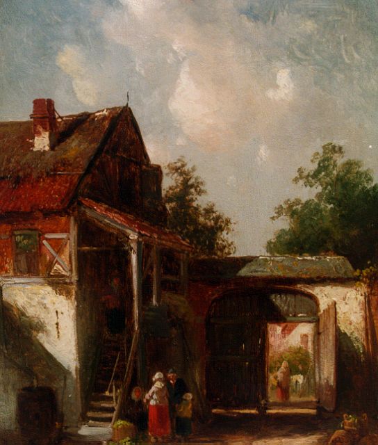 Charles Leickert | Hofje, olieverf op paneel, 24,8 x 19,6 cm, gesigneerd l.o.