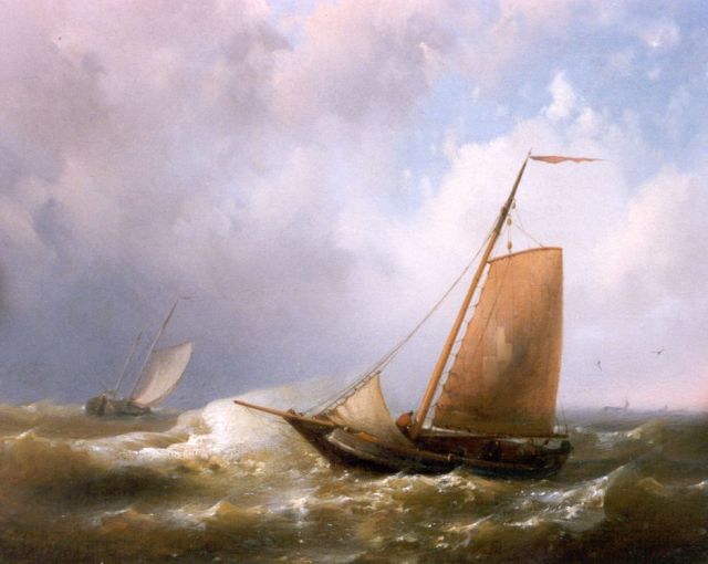 Abraham Hulk | Zeilschepen op woelige zee, olieverf op paneel, 20,2 x 24,8 cm, gesigneerd l.o.