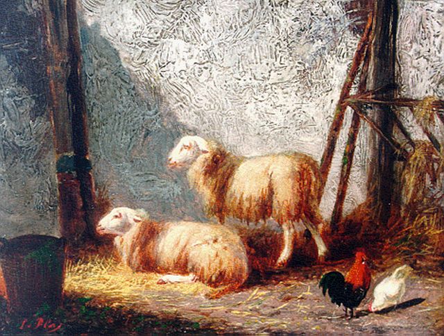 Louwerencius Plas | Schapen en kippen in de stal, olieverf op paneel, 11,5 x 15,4 cm, gesigneerd l.o.