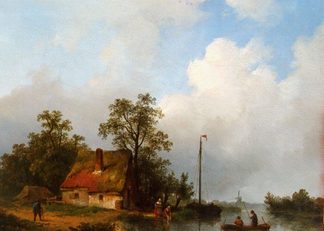Johannes Hilverdink | Rivierlandschap met wasvrouwen en vissers, olieverf op paneel, 24,5 x 30,1 cm, gesigneerd r.o. monogram en gedateerd '47