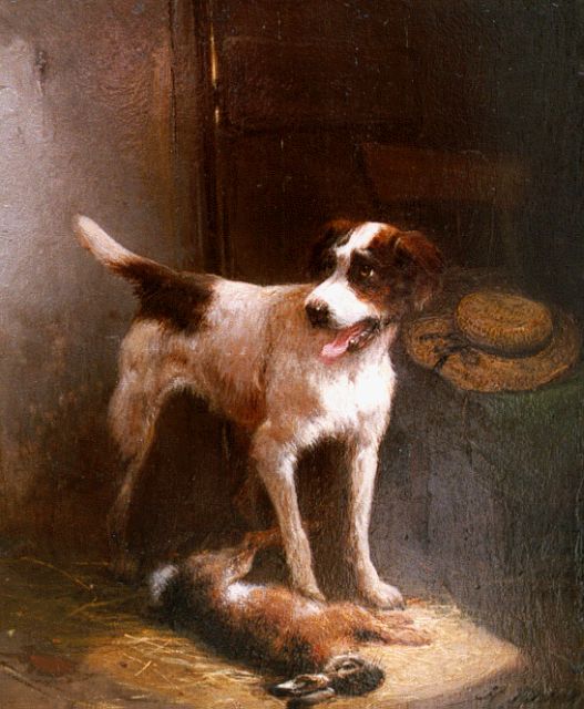 Henriette Ronner-Knip | 't Bewaken van de prooi, olieverf op paneel, 18,7 x 15,4 cm, gesigneerd r.o.