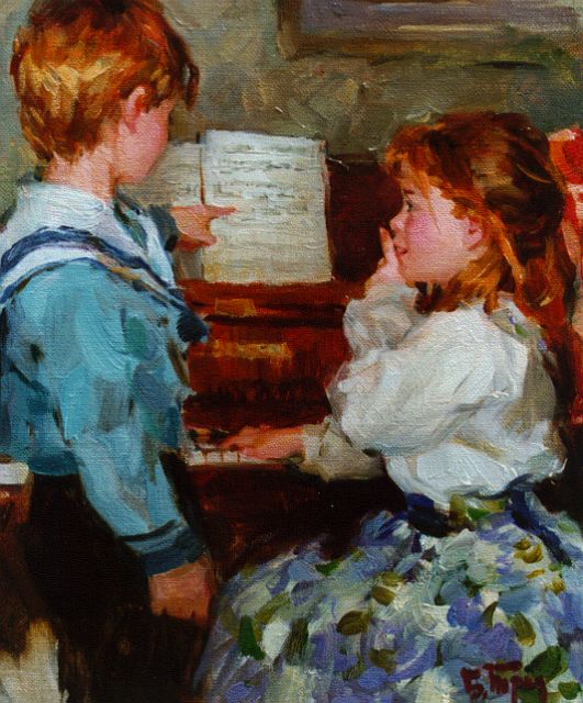 Boris Trofimenko | De pianoles, olieverf op doek, 34,8 x 26,8 cm, gesigneerd r.o.