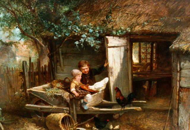 Mari ten Kate | 't Voeren van de kippen, olieverf op paneel, 34,2 x 46,5 cm, gesigneerd l.o.