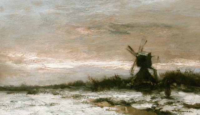 Jansen W.G.F.  | Molen in een besneeuwd polderlandschap, olieverf op schildersboard 20,6 x 34,5 cm, gesigneerd r.o.