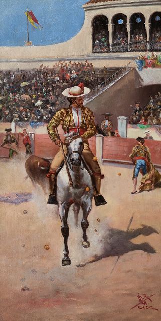 Spaanse School, begin 20e eeuw   | Stierenvechten, Corrida in Cadiz, Spanje - pendant van Torero in actie, Cadiz (alleen tezamen), olieverf op paneel 42,4 x 22,2 cm, gesigneerd r.o. met initialen