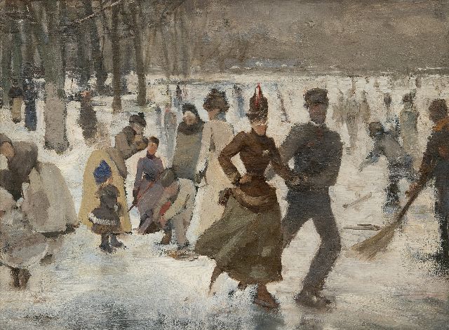 Floris Arntzenius | Schaatsvertier op een bosvijver, olieverf op doek op paneel, 31,0 x 41,6 cm