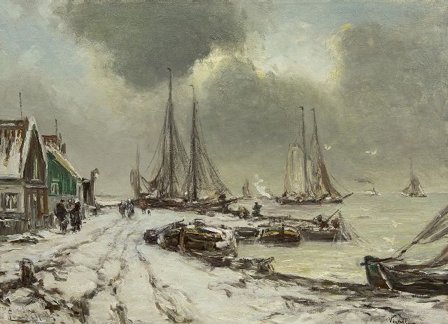 Louis Apol | Winters gezicht met vissersboten op de Zuiderzee, olieverf op doek, 55,3 x 75,3 cm, gesigneerd l.o.