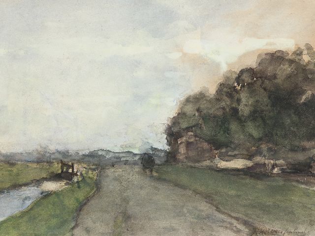 Jan Hendrik Weissenbruch | Landschap bij Cromvliet aan de Vliet, bij Rijswijk; verso: Zeilschip op zee, aquarel op papier, 31,9 x 43,0 cm, gesigneerd r.o.