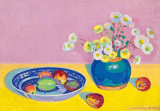 Wim Schuhmacher | Stilleven met fruit en papavers, olieverf op doek, 62,5 x 45,2 cm, gesigneerd r.o. en gedateerd 1914