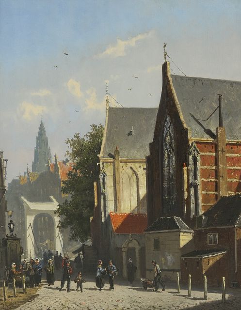Frederik Roosdorp | Stadsgezicht met figuren bij een ophaalbrug, olieverf op paneel, 34,9 x 28,2 cm, gesigneerd l.o.