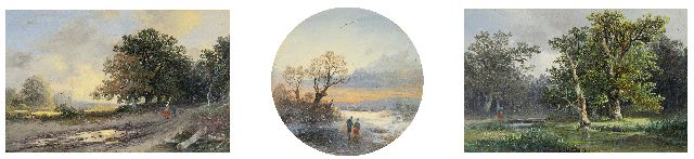 Remigius Adrianus Haanen | Drie landschapjes: Zomerlandschap - Wandelaars op het ijs - Bosgezicht, olieverf op blik, 8,0 x 12,3 cm, gesigneerd r.o.(2) en l.o. (1) met monogram