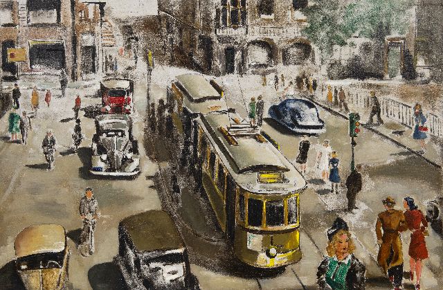 Pierre van Ierssel | Drukte in de Leidsestraat in Amsterdam, olieverf op paneel, 72,3 x 109,4 cm, gesigneerd r.b. en gedateerd '47