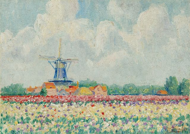 Frans van Tongerloo | Korenmolen Windlust te Wassenaar, olieverf op board, 25,4 x 35,8 cm, gesigneerd r.o. en verso (tweemaal) en gedateerd 1916