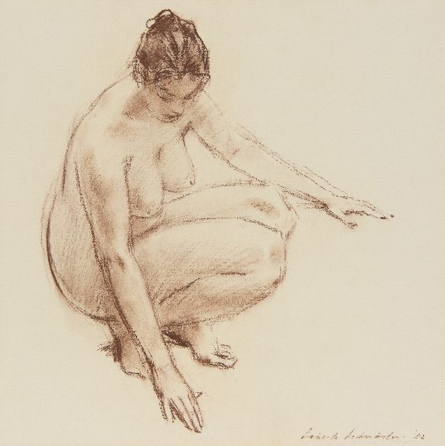 Sierk Schröder | Hurkend naakt, krijt op papier, 35,8 x 35,8 cm, gesigneerd r.o. en gedateerd '82