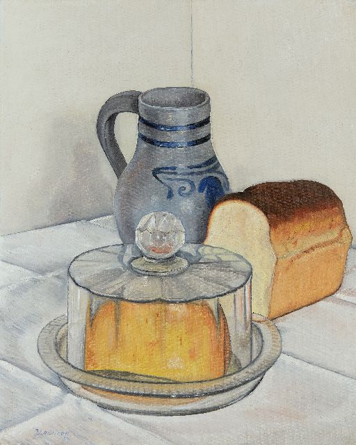 Jo Lodeizen | Stilleven met kan, witbrood en kaas onder stolp, olieverf op doek, 50,4 x 40,2 cm, gesigneerd l.o. en gedateerd '33