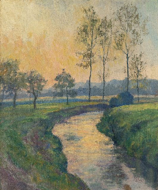 Modest Huys | Vlaams rivierlandschap (vermoedelijk de Mandel of de Leie), olieverf op doek, 60,5 x 50,3 cm, gesigneerd r.o.