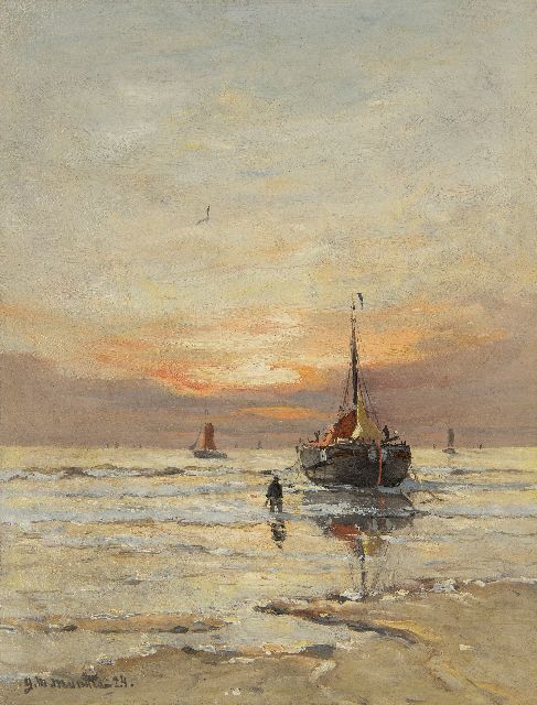Morgenstjerne Munthe | Bomschuit in de branding bij zonsondergang, olieverf op schildersboard, 34,8 x 26,8 cm, gesigneerd l.o. en gedateerd '24