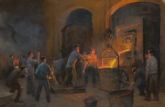 Heijenbrock J.C.H.  | In de ijzergieterij, pastel op papier 38,9 x 59,3 cm, gesigneerd l.o.