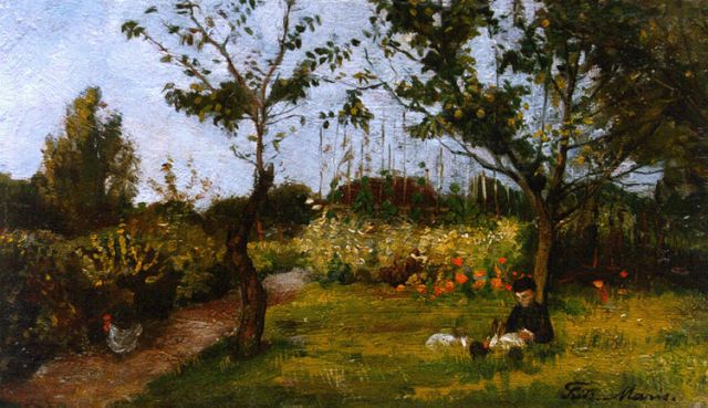 Frits Maris | Kind met konijntjes in de tuin, olieverf op paneel, 13,5 x 23,0 cm, gesigneerd r.o.
