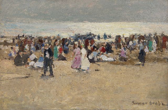 German Grobe | Kleurrijke drukte op het strand, olieverf op paneel, 23,9 x 36,0 cm, gesigneerd r.o.