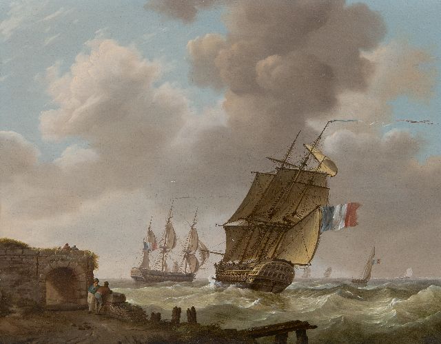 Johannes Hermanus Koekkoek | Laverende oorlogsfregatten voor de Zeeuwse kust, olieverf op paneel, 32,1 x 40,7 cm, gesigneerd m.o.