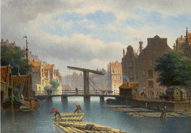 Eduard Alexander Hilverdink | Amsterdams stadsgezicht (alleen tezamen met pendant), olieverf op paneel, 22,9 x 32,0 cm, gesigneerd l.o. en gedateerd '69