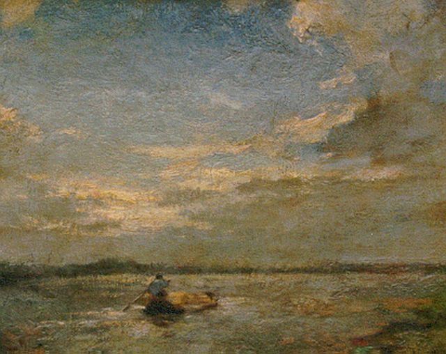 Henk van Leeuwen | Polderlandschap met man in roeiboot, 25,8 x 31,3 cm, gesigneerd r.o.
