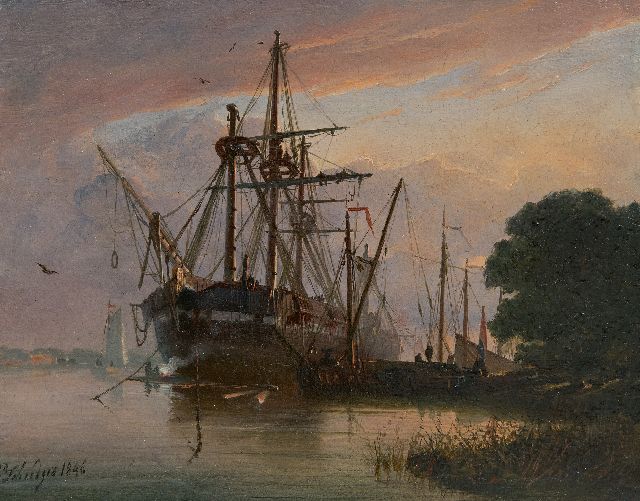 Petrus Paulus Schiedges | Aangemeerde driemaster bij zonsondergang, olieverf op paneel, 16,2 x 20,9 cm, gesigneerd l.o. en gedateerd 1846