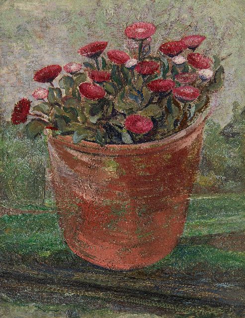 Douwe van der Zweep | Bloempot met madeliefjes, olieverf op paneel, 27,0 x 21,1 cm, gesigneerd r.o.
