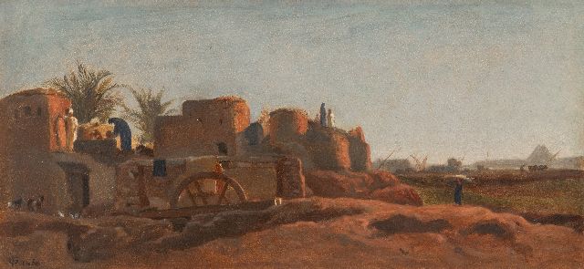 Frederick Goodall | Dorp langs de Nijl met piramiden op de achtergrond, papier op doek, 17,9 x 38,2 cm, gesigneerd l.o. met monogram en gedateerd 1858