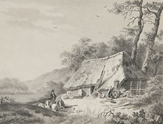 Barend Cornelis Koekkoek | Rustend landvolk bij een schuur, pen, penseel en inkt op papier, 17,5 x 22,7 cm, gesigneerd l.o.
