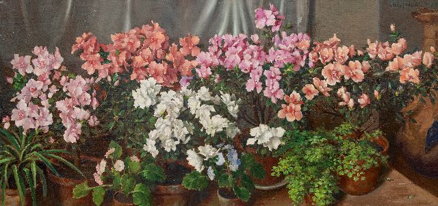 Willy Fleur | Stilleven van bloeiende azalea's op een tafel, olieverf op doek, 60,0 x 119,9 cm, gesigneerd r.b. en zonder lijst