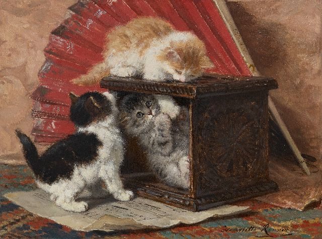 Henriette Ronner-Knip | Stilleven met drie spelende kittens, olieverf op paneel, 33,3 x 44,7 cm, gesigneerd r.o.