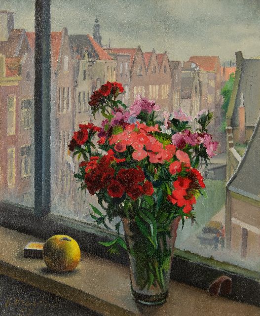 Raoul Martinez | Bloemstilleven op een vensterbank in Amsterdam, olieverf op doek, 55,6 x 46,4 cm, gesigneerd l.o. en gedateerd '50