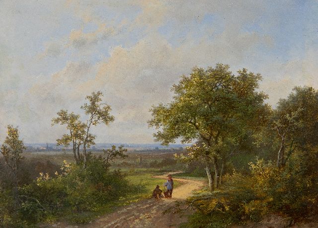 Marinus Adrianus Koekkoek I | Figuren op een pad langs de bosrand, olieverf op paneel, 21,7 x 28,7 cm, gesigneerd r.o. en gedateerd '67