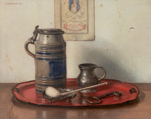 Jan Bogaerts | Stilleven met Keulse kan en Goudse pijp, olieverf op doek, 40,3 x 50,0 cm, gesigneerd l.b. en gedateerd 1942