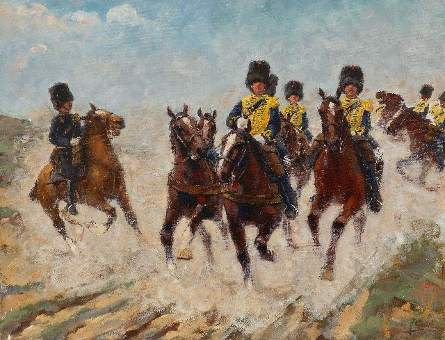 Jacob Hendrik Geerlings | Gele rijders in actie, olieverf op doek, 49,7 x 64,4 cm, gesigneerd r.o.
